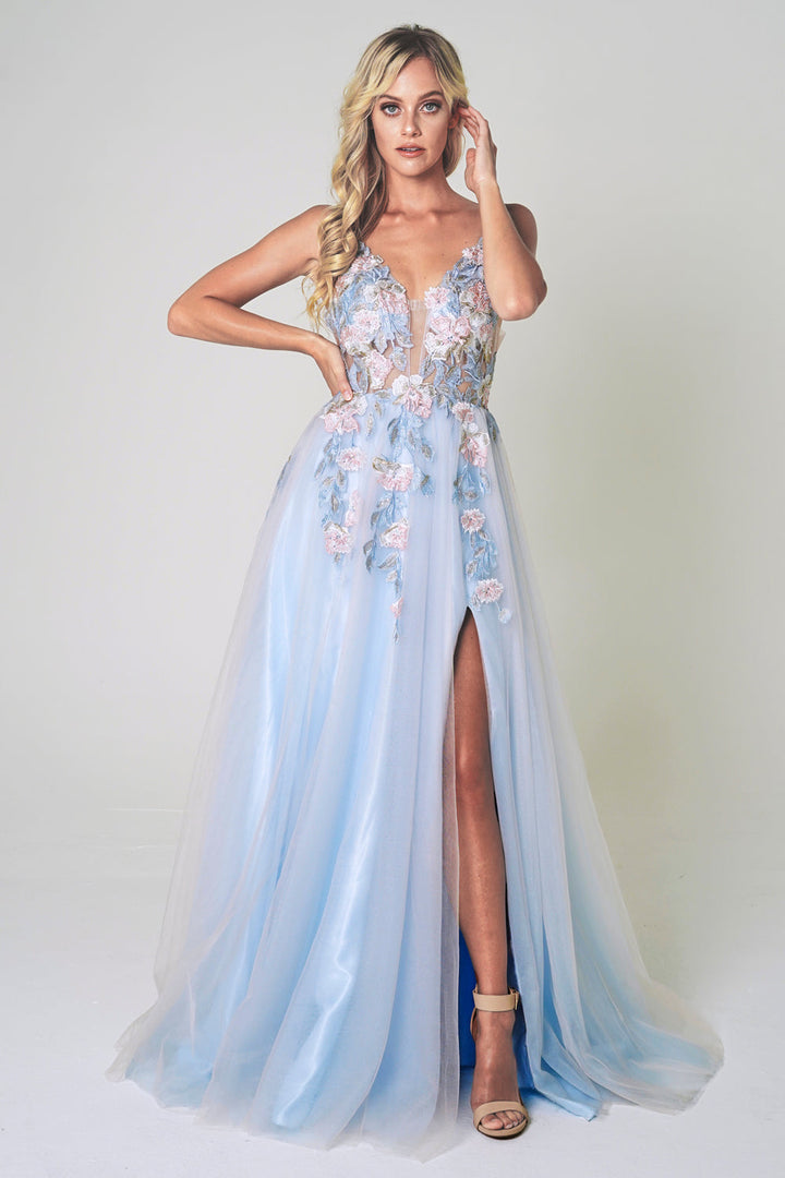 3D Flowers Spaghetti Straps Side Slit Long Prom Dress AC5013