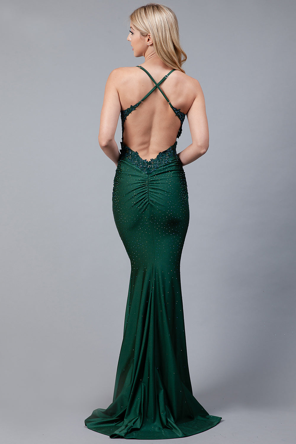 Embroidered Bodice Open Criss Cross Back Mermaid Long Prom Dress ACTM1001