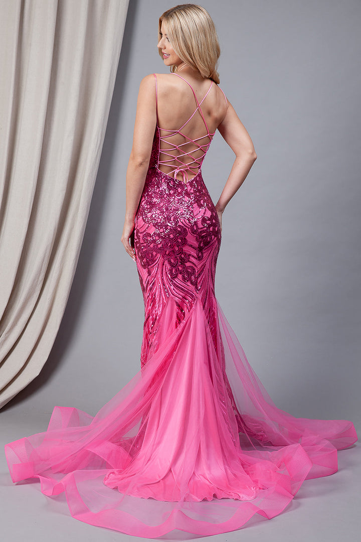 Embroidered Sequins Tulle Skirt Illusion V-Neck Long Prom Dress AC7021