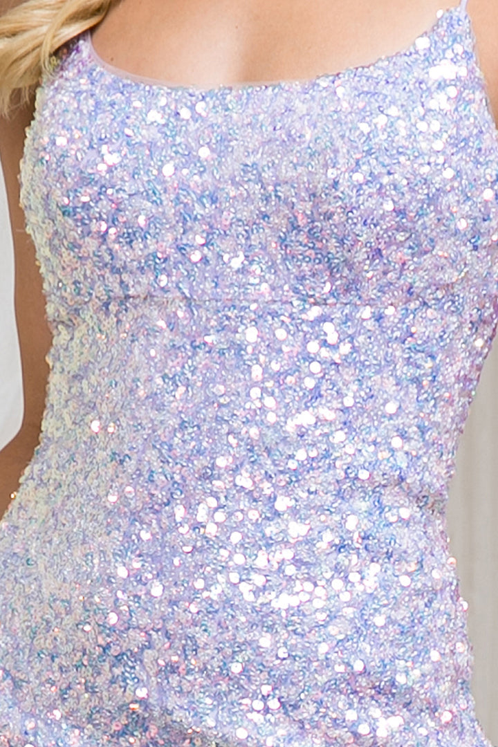 Embroidered Sequins Straight Across Open Criss Cross Back Short Cocktail Dress AC5099S