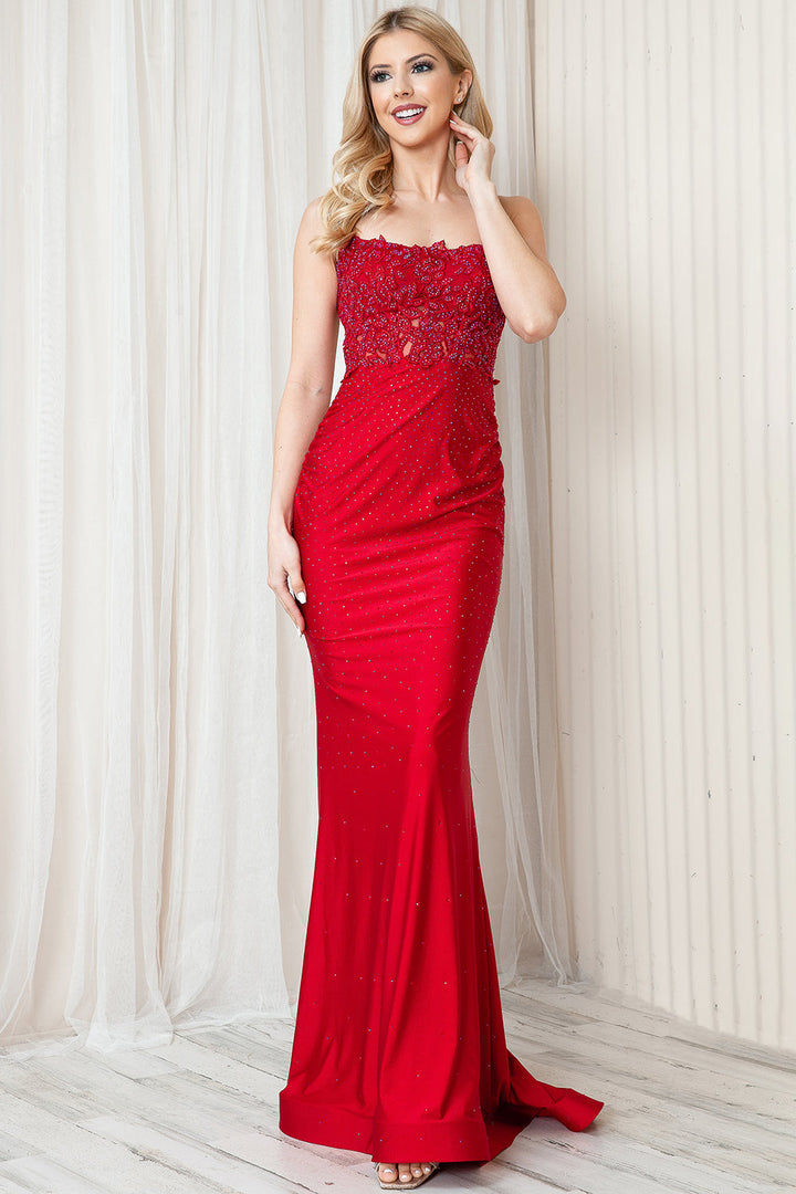 Embroidered Bodice Open Criss Cross Back Mermaid Long Prom Dress ACTM1001