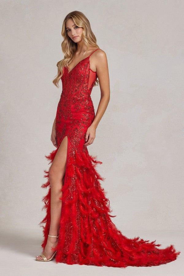 Embellished Feather Skirt V-Neck Open V-Back Side Slit Long Prom Dress NXC1119