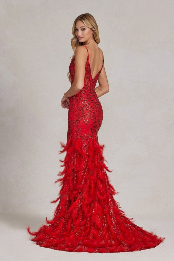 Embellished Feather Skirt V-Neck Open V-Back Side Slit Long Prom Dress NXC1119