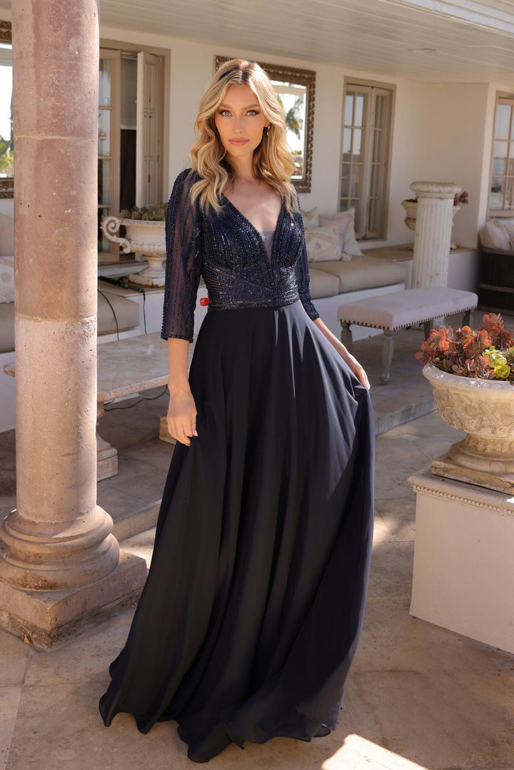 Embroidered Sequin Sheer Sleeves Illusion V-Neck Long Mother Of The Bride Dress NXMF101