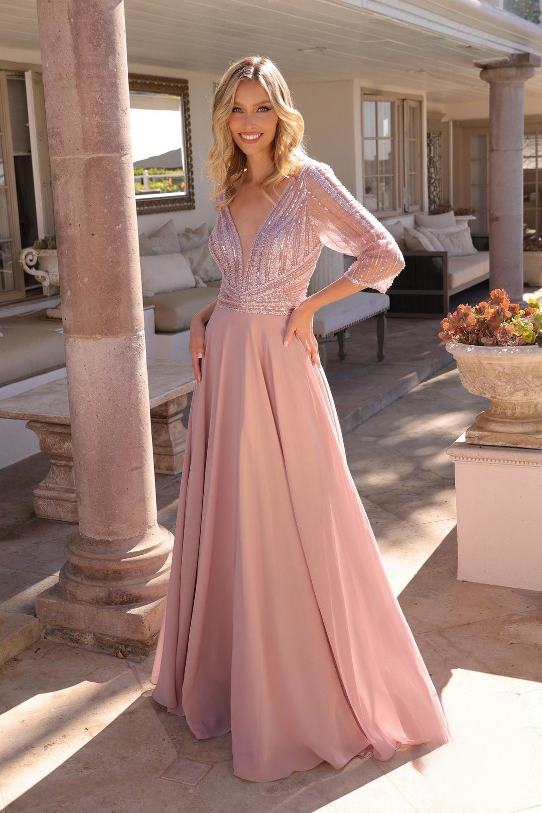 Embroidered Sequin Sheer Sleeves Illusion V-Neck Long Mother Of The Bride Dress NXMF101