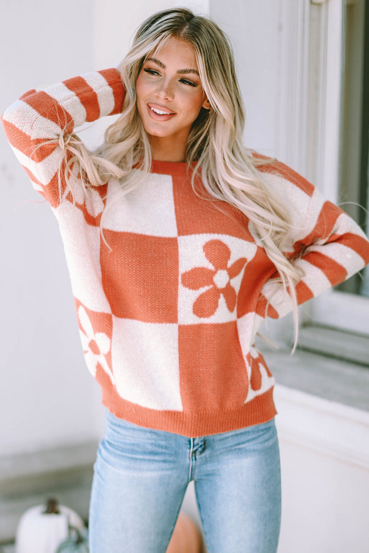 Checkered Floral Striped Sleeve Sweater by Poppy Lee Lane