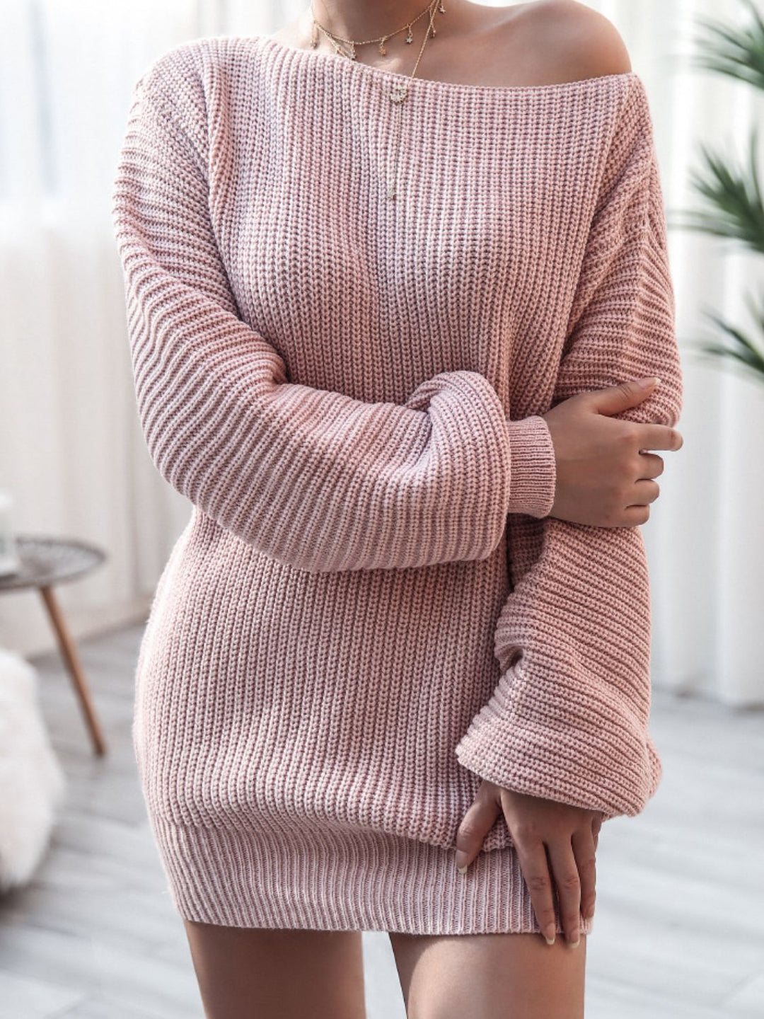 Rib-Knit Balloon Sleeve Boat Neck Sweater Dress by BlakWardrob