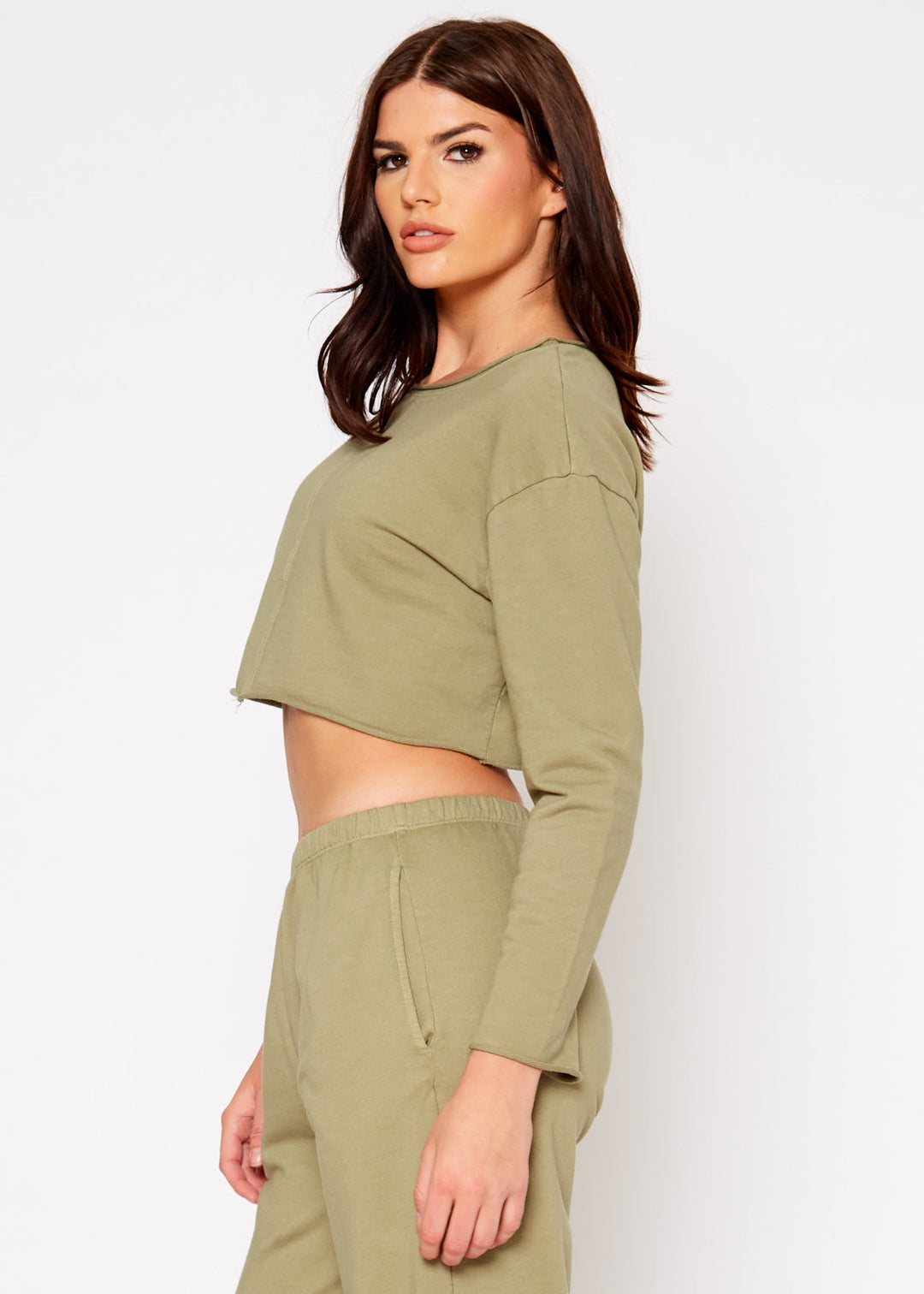 Cropped Scoop Neck Terry Sweatshirt In Olive