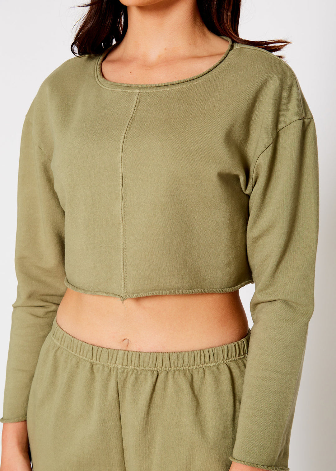 Cropped Scoop Neck Terry Sweatshirt In Olive