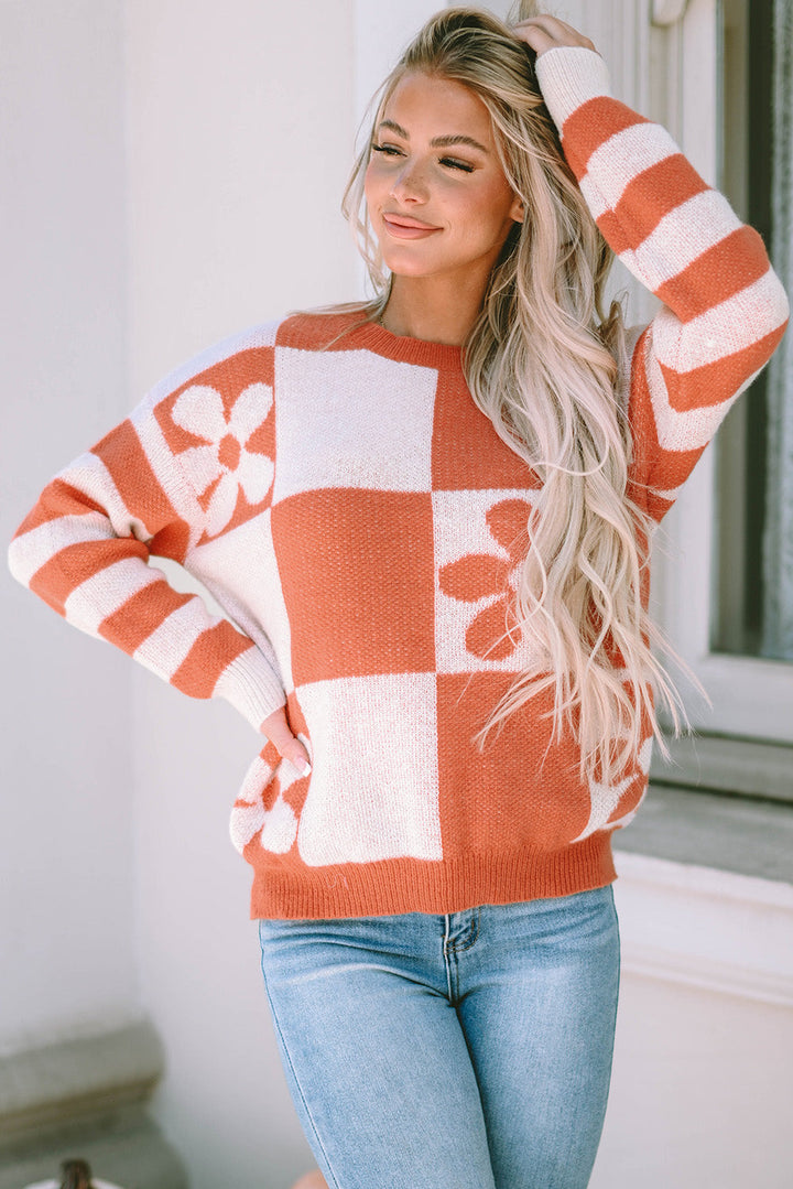 Checkered Floral Striped Sleeve Sweater by Poppy Lee Lane