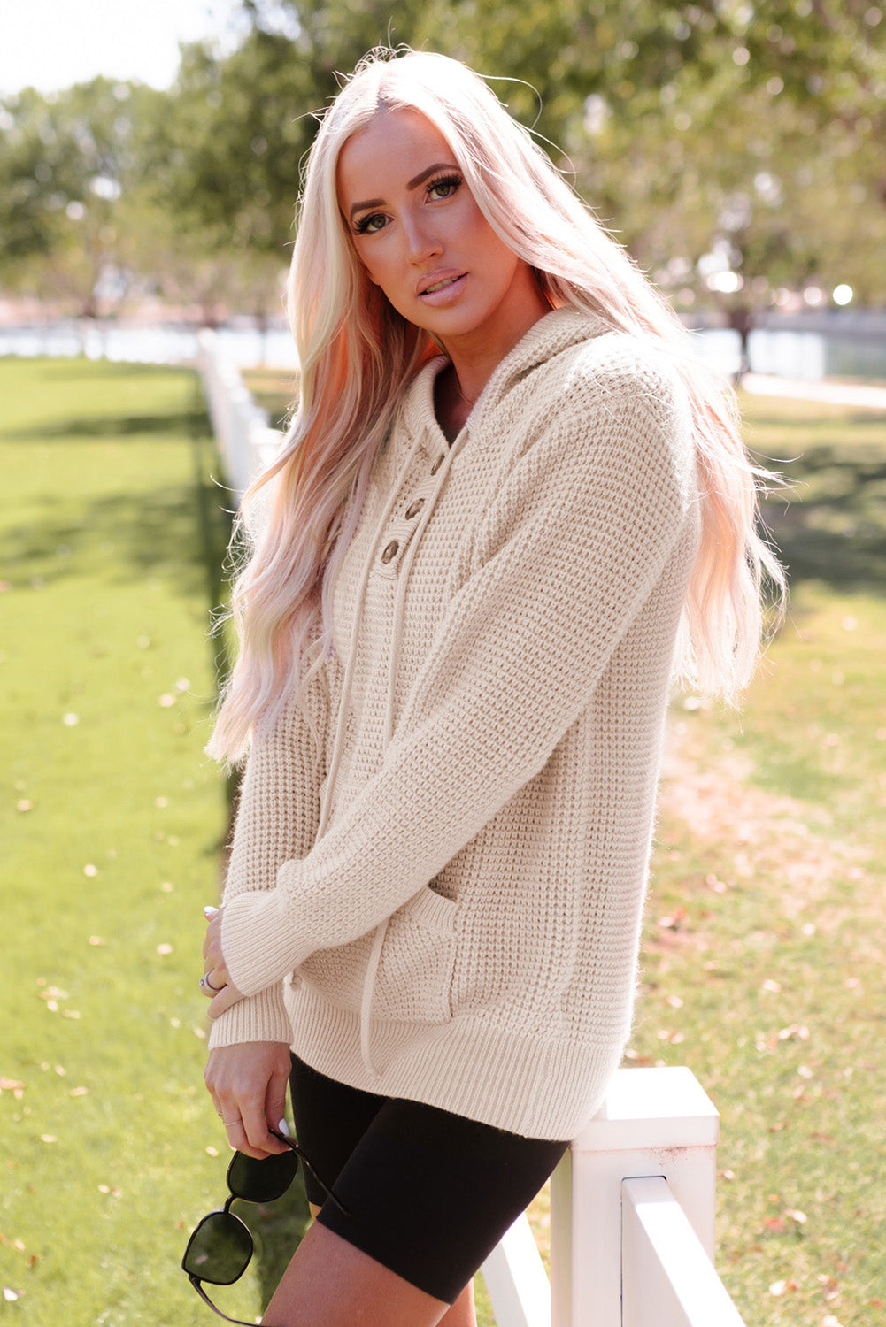 Waffle Knit Buttons Hooded Sweater by Poppy Lee Lane