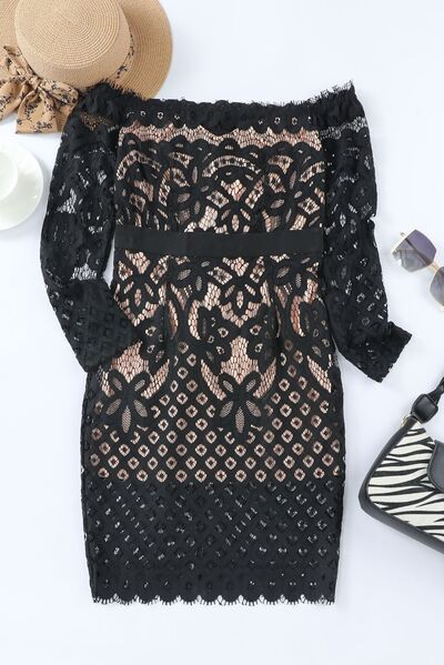 Off-Shoulder Long Sleeve Lace Dress by VYSN