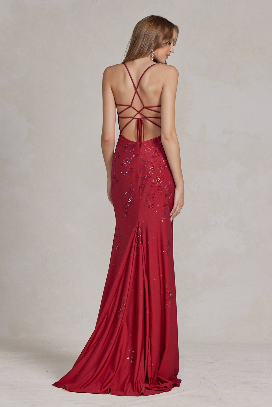 Embroidered Flowers Open Criss Cross Back Illusion V-Neck Long Evening Dress NXE1206