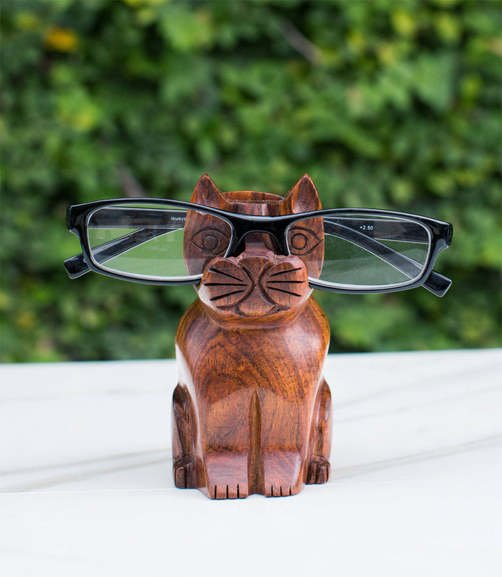 Cat Eyeglass Holder Stand - Hand Carved Wood by Matr Boomie