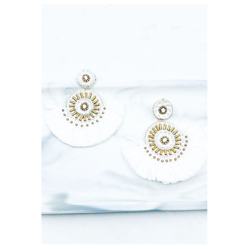 Raffia Fringe Sequin Flower Disc Drop Earrings by OBX Prep