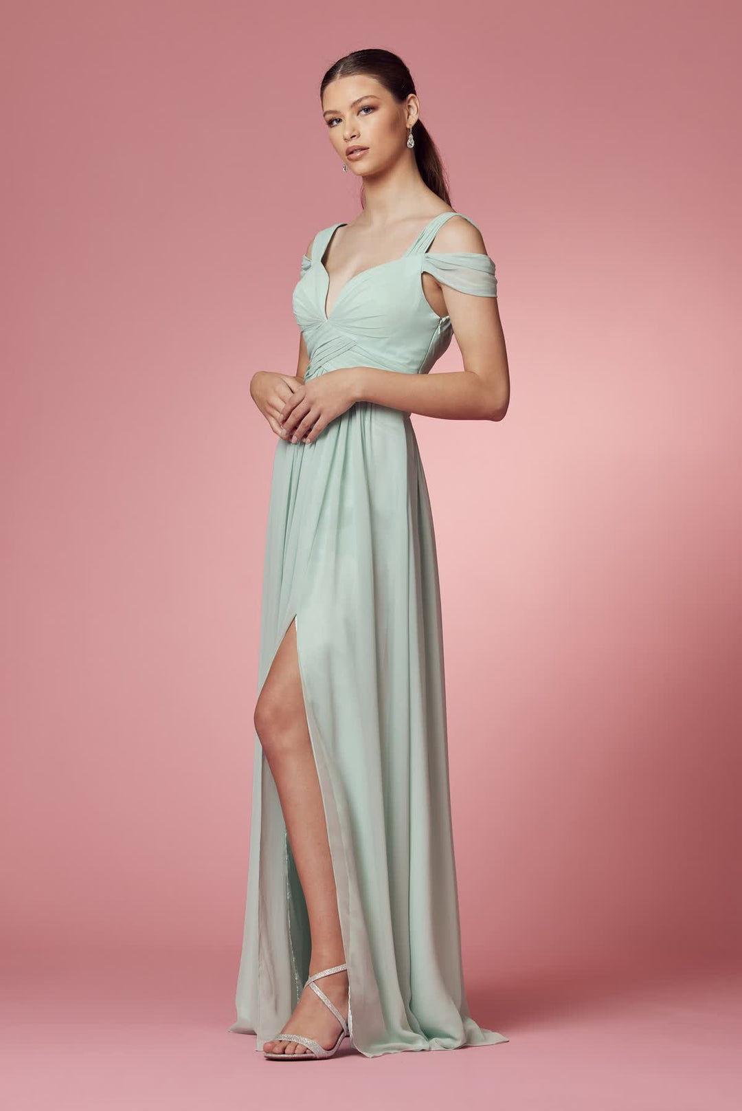 Cold-Shoulder With Slip Skirt Chiffon Long Prom & Evening Dress NXY277