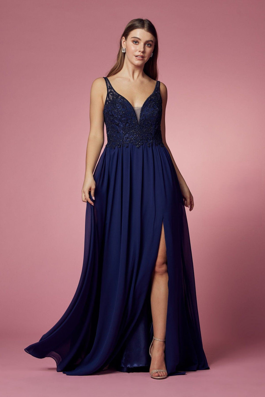 Embroidered Bodice Illusion V-Neck Side Slit Long Bridesmaid Dress NXY299