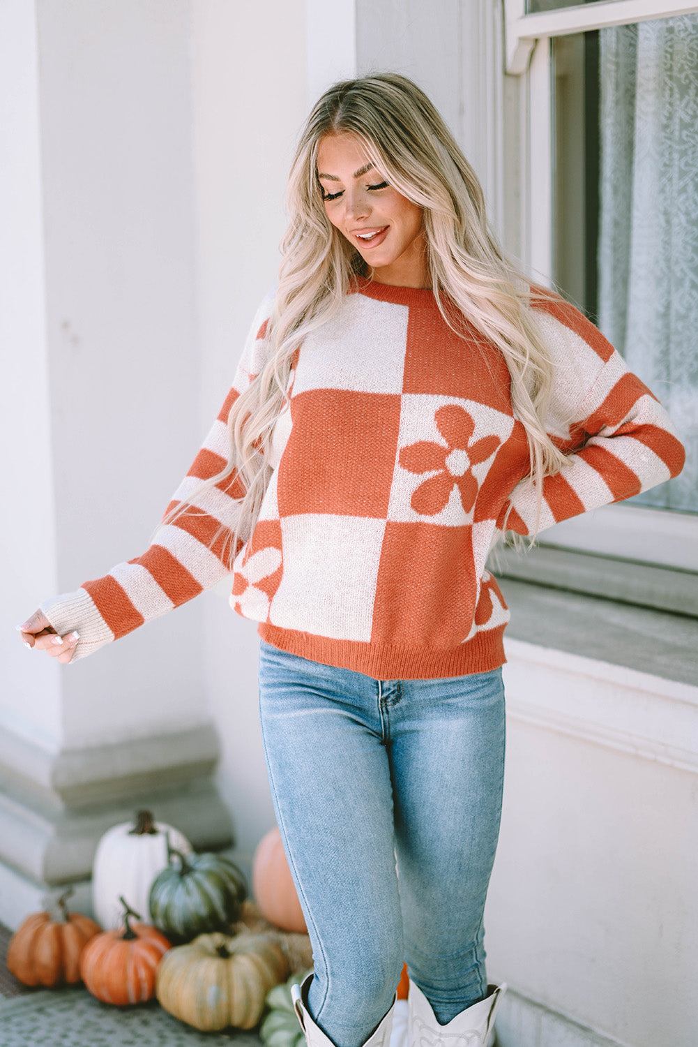 Checkered Floral Striped Sleeve Sweater by Poppy Lee Lane