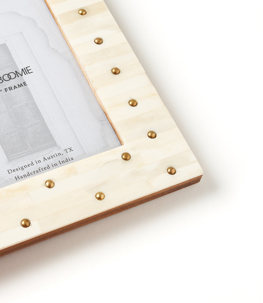 Mukhendu 5x7 Picture Frame - Carved Bone, Brass Studs by Matr Boomie