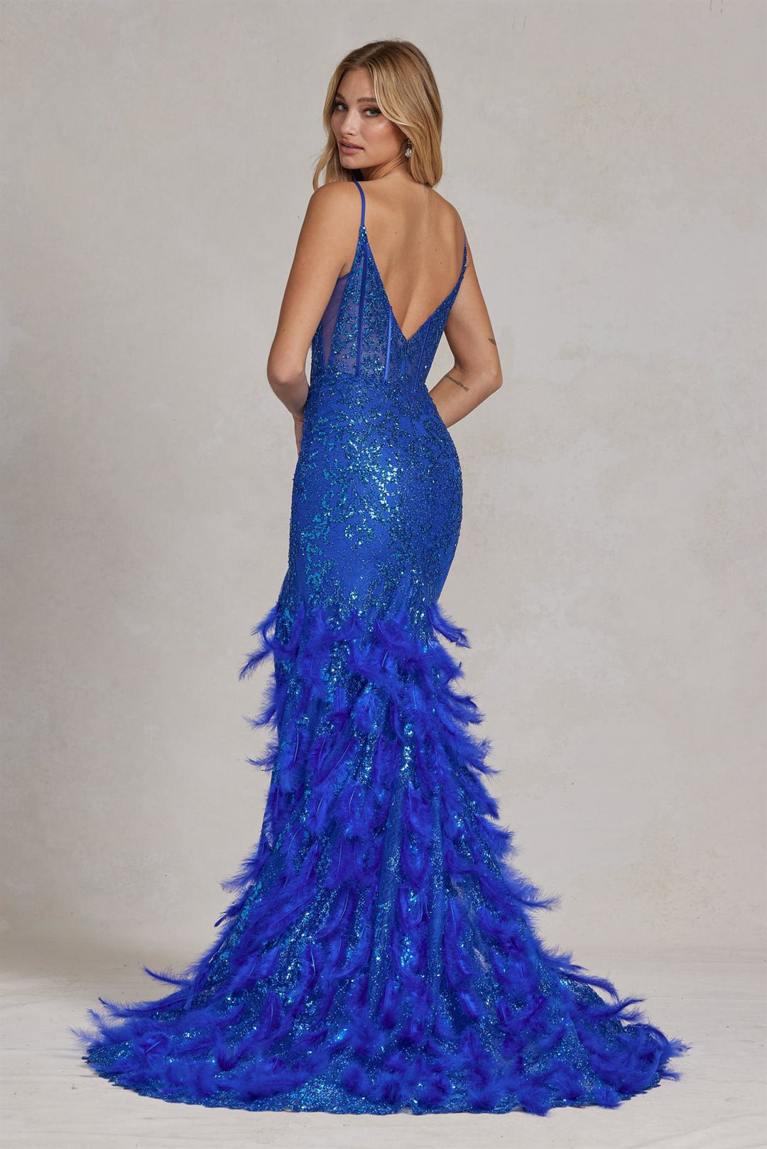 Embellished Feather Skirt V-Neck Open V-Back Side Slit Long Prom Dress NXC1119