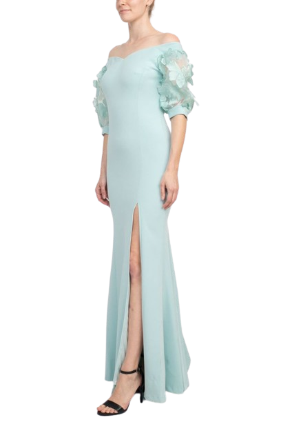 Alberto Makali V-Neck Short Embellished Lace Sleeve Zipper Back Mermaid Slit Side Gown by Curated Brands