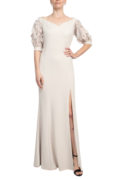 Alberto Makali V-Neck Short Embellished Lace Sleeve Zipper Back Mermaid Slit Side Gown by Curated Brands