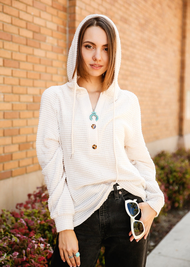 Half Button Raglan Sleeve Drawstring Hoodie by Knit and Lounge