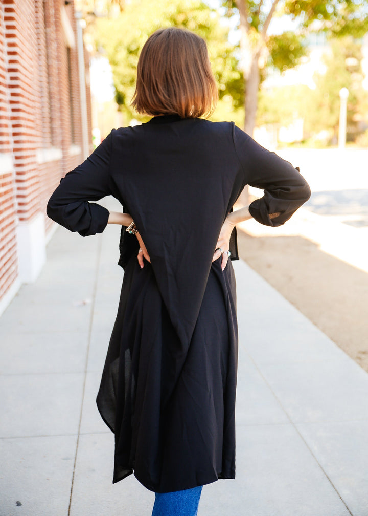 Waterfall Collar Roll Tab Sleeve Open Front Coat by Knit and Lounge