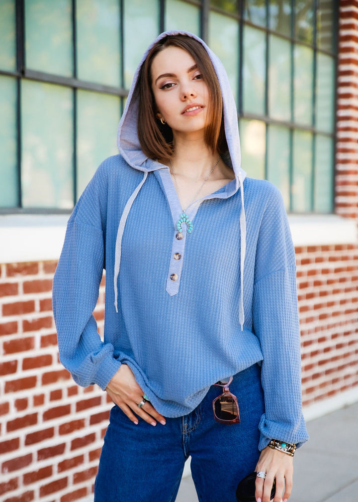 Half Button Drop Shoulder Drawstring Hooded Waffle Knit Sweatshirt by Knit and Lounge