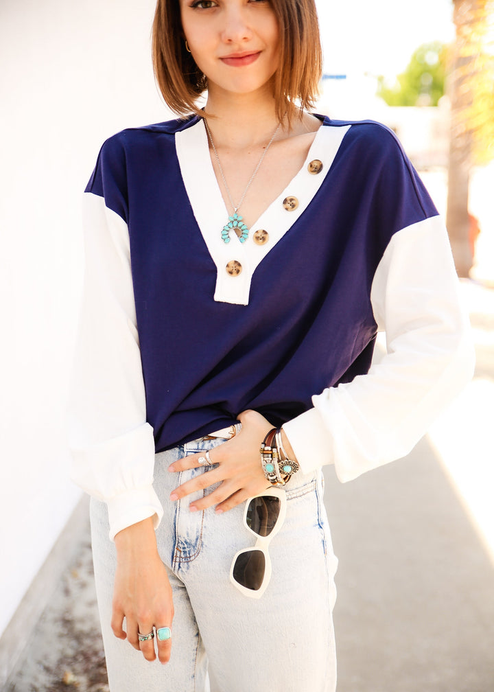 Two Tone Drop Shoulder Pullover by Knit and Lounge