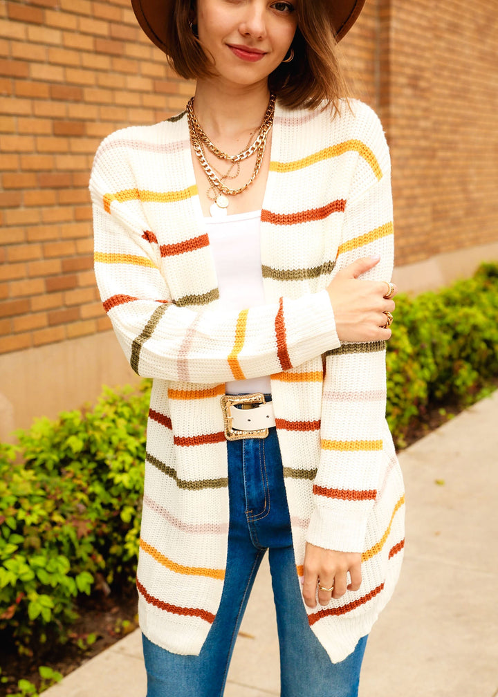 Drop Shoulder Striped Long Sleeve Cardigan by Knit and Lounge