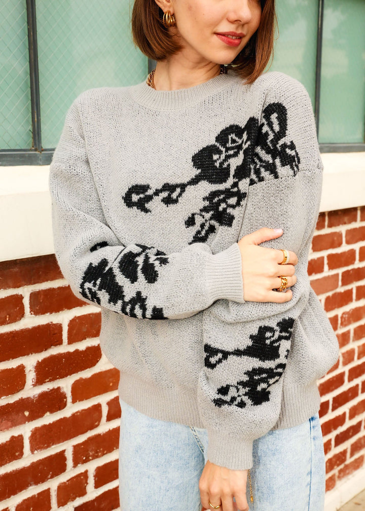 Floral Pattern Drop Shoulder Long Sleeve Boxy Sweater by Knit and Lounge