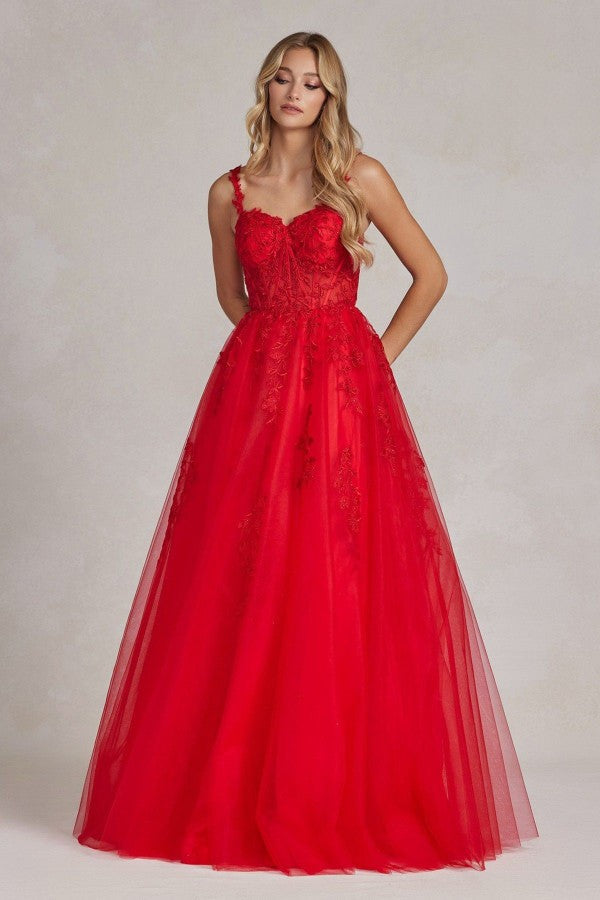 A-Line Embroidered Bodice Sweetheart Open Back Long Prom Dress NXT1082