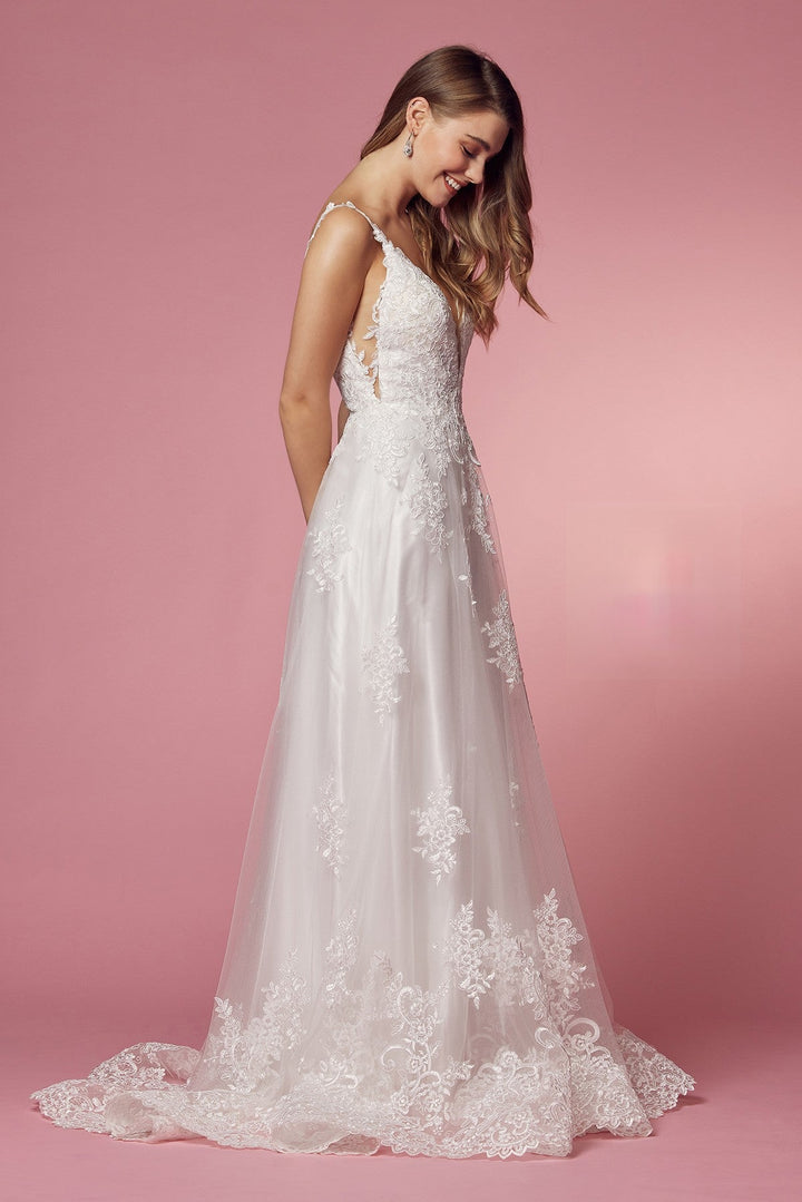 A-Line Classic V-Neck Side Cutouts Laced Straps Long Wedding Dress NXC461