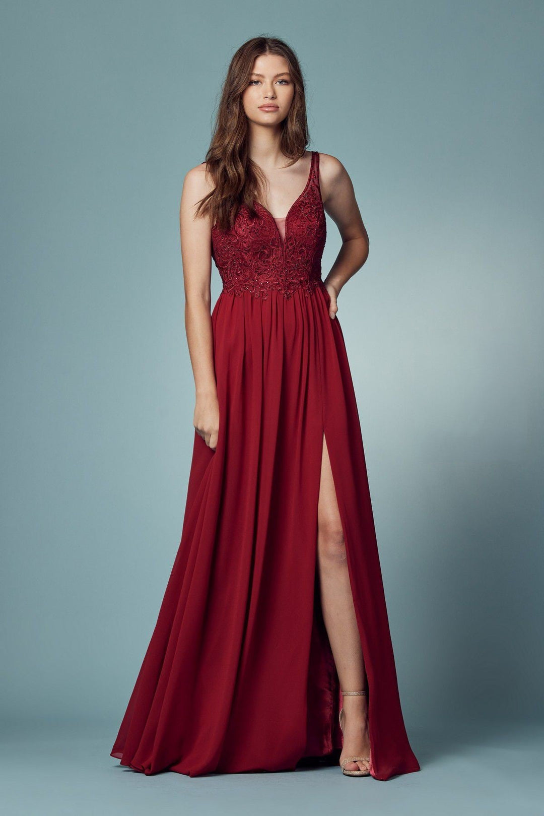 Embroidered Bodice Illusion V-Neck Side Slit Long Bridesmaid Dress NXY299