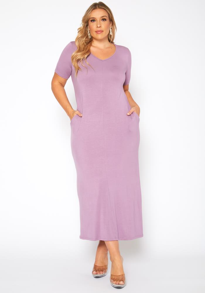 Plus Size V-neck Short Sleeve Maxi Dress With Pockets