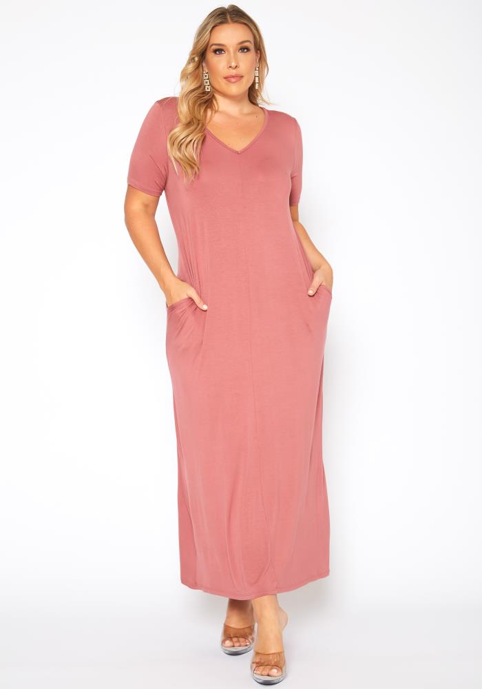 Plus Size V-neck Short Sleeve Maxi Dress With Pockets