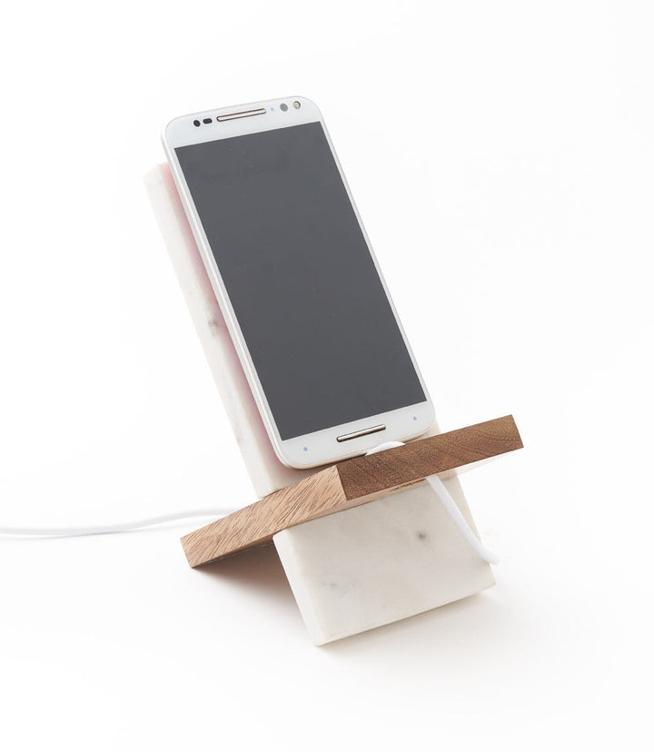 Indukala Moon Phase Phone Stand for Desk - Wood, Marble, Brass by Matr Boomie