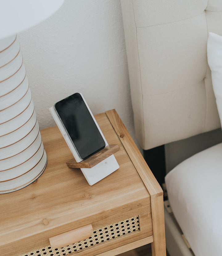 Indukala Moon Phase Phone Stand for Desk - Wood, Marble, Brass by Matr Boomie