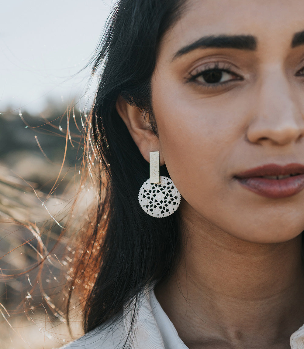 Charu Filigree Bone and Brass Bar Stud Drop Earrings by Matr Boomie