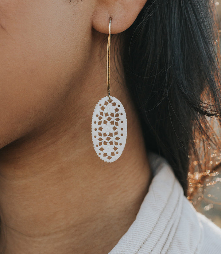 Charu Filigree Bone and Brass Drop Earrings by Matr Boomie