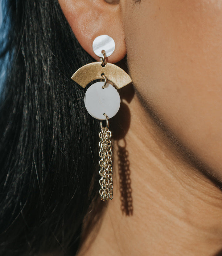 Ishwari Dangle Earrings - Mother of Pearl, Chain Tassel by Matr Boomie