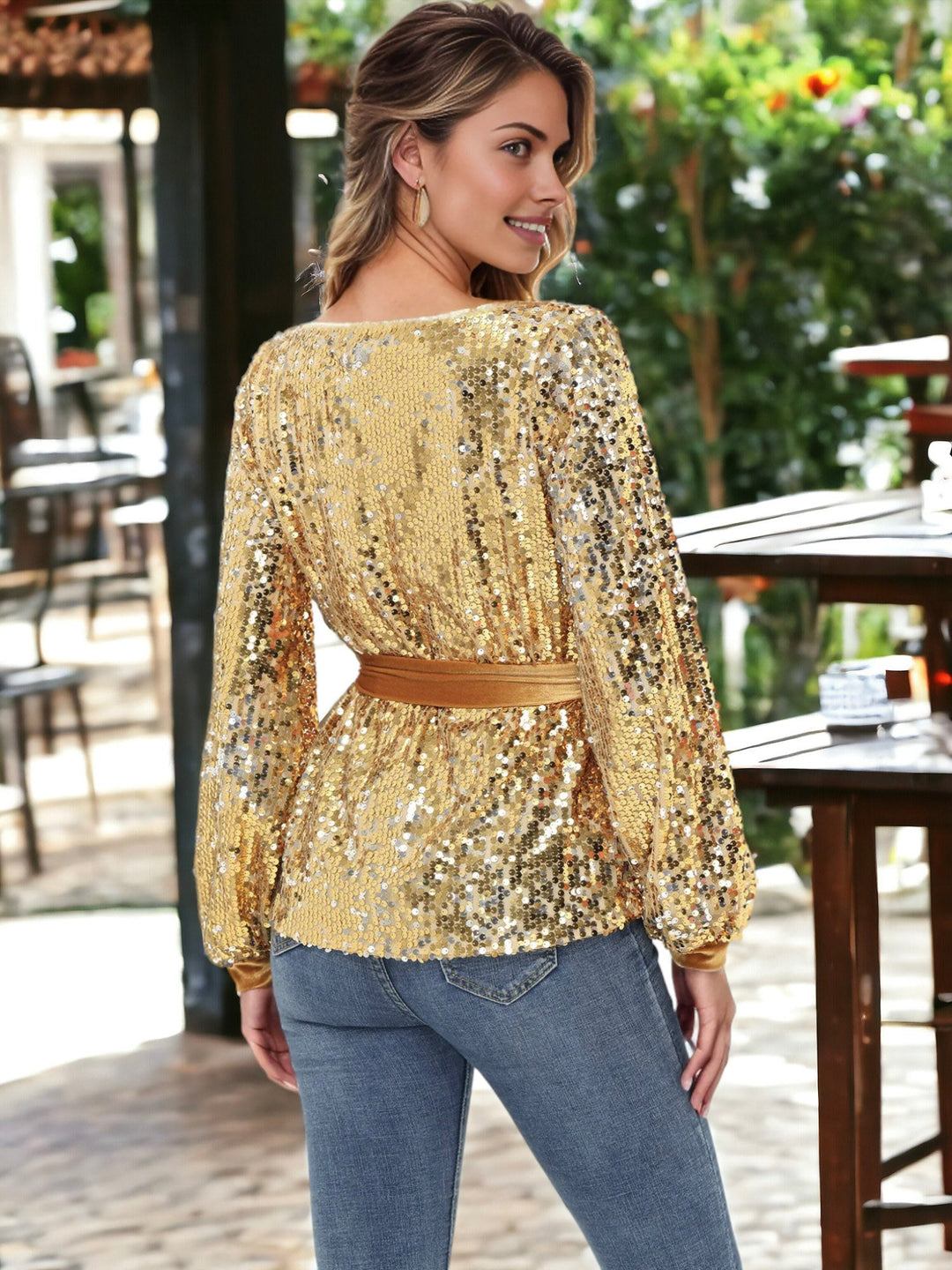 Sequin Party Tie Waist Sweatshirt Pullover Top