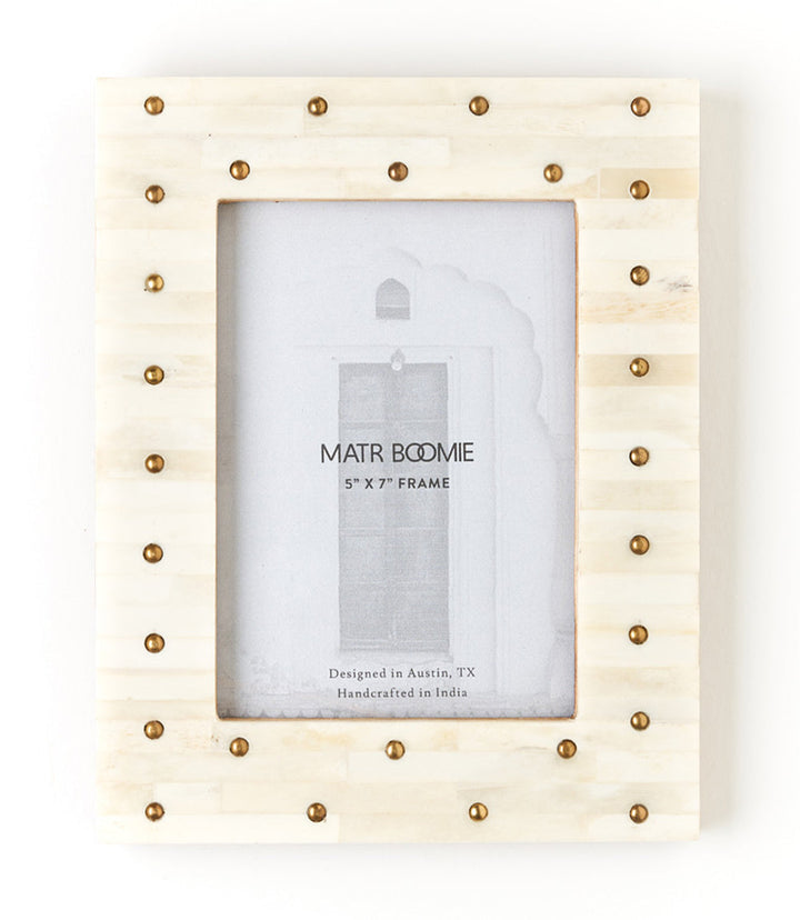 Mukhendu 5x7 Picture Frame - Carved Bone, Brass Studs by Matr Boomie