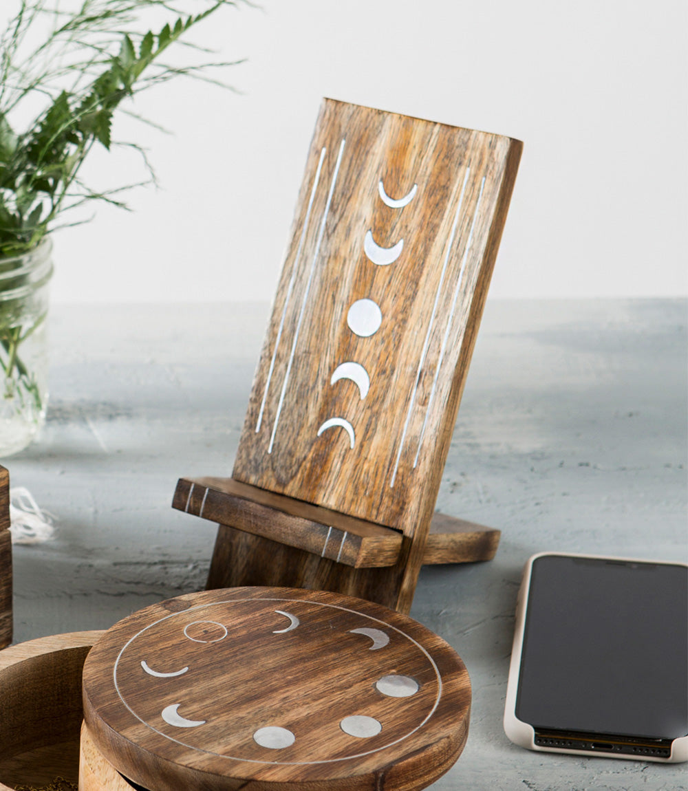 Indukala Moon Phase Phone Holder - Wood, Brass, Fair Trade by Matr Boomie