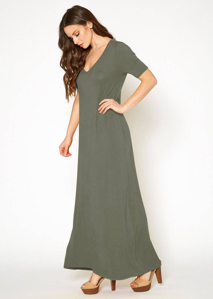 V-neck Short Sleeve Maxi Dress With Pockets