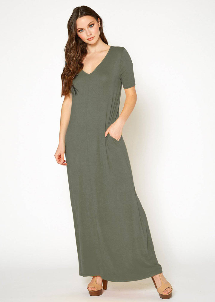 V-neck Short Sleeve Maxi Dress With Pockets