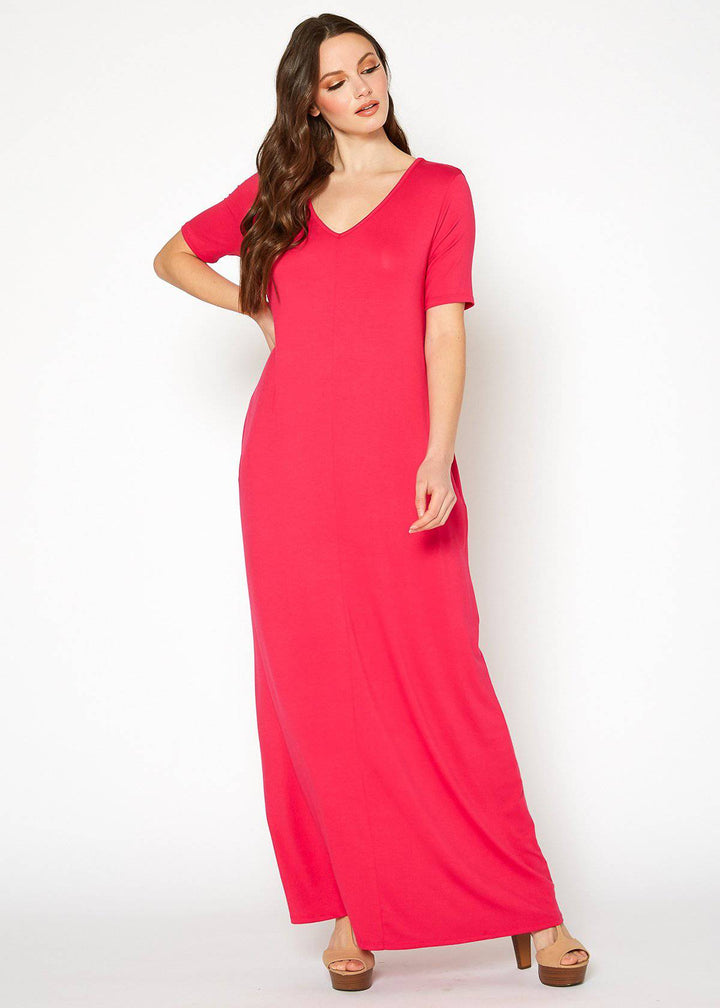 V-neck Short Sleeve Maxi Dress With Pockets