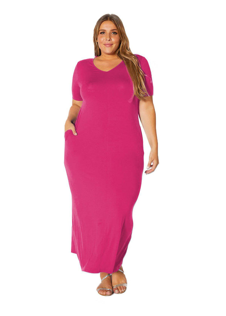 Plus Size V-neck Short Sleeve Maxi Dress With Pockets