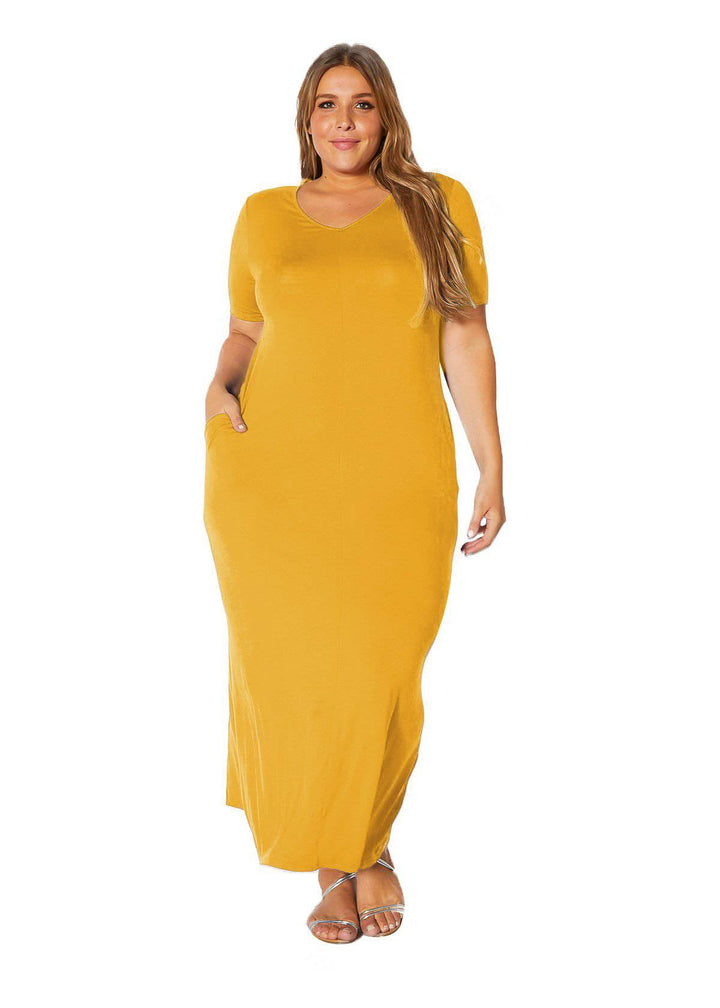 Plus Size V-neck Short Sleeve Maxi Dress With Pockets